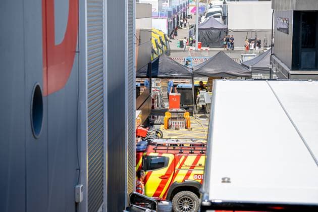 MONTMELO, SPAIN: Fire in the McLaren motorhome during the 2024 Formula 1 Spanish Grand Prix at the Circuit de Barcelona-Catalunya in Montmelo, Spain