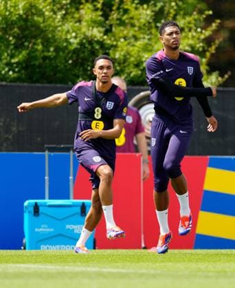 Trent Alexander-Arnold of England and Jude Bellingham of England England Training Session and press conference, PK, Pressekonferenz UEFA European Championship, EM, Europameisterschaft 2024, Group C, Football, Spa & Golf Resort Weimarer Land, Blankenhain, Germany, 22 Jun 2024 EDITORIAL USE ONLY No use with unauthorised audio, video, data, fixture lists, club league logos or live services. Online in-match use limited to 120 images, no video emulation. No use in betting, games or single club league player publications. Copyright: xDavexShopland Shutterstockx 14548012ac