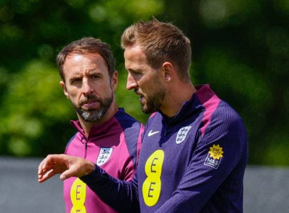 Gareth Southgate manager of England with captain Harry Kane England Training Session and press conference, PK, Pressekonferenz UEFA European Championship, EM, Europameisterschaft 2024, Group C, Football, Spa & Golf Resort Weimarer Land, Blankenhain, Germany, 22 Jun 2024 EDITORIAL USE ONLY No use with unauthorised audio, video, data, fixture lists, club league logos or live services. Online in-match use limited to 120 images, no video emulation. No use in betting, games or single club league player publications. Copyright: xDavexShopland Shutterstockx 14548012bn