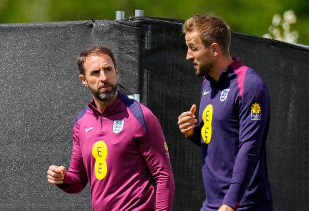 Gareth Southgate manager of England with captain Harry Kane England Training Session and press conference, PK, Pressekonferenz UEFA European Championship, EM, Europameisterschaft 2024, Group C, Football, Spa & Golf Resort Weimarer Land, Blankenhain, Germany, 22 Jun 2024 EDITORIAL USE ONLY No use with unauthorised audio, video, data, fixture lists, club league logos or live services. Online in-match use limited to 120 images, no video emulation. No use in betting, games or single club league player publications. Copyright: xDavexShopland Shutterstockx 14548012bs