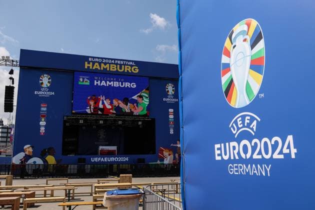 Sport, Football, UEFA EURO 2024 Group F 2 Matchday Georgia Czech Republic 22 06 2024, Fan Zone Heiligengeistfeld Monitor in the fan zone with the logos of UEFA EURO 2024 Hamburg Fanzone Heiligengeistfeld Hamburg Germany