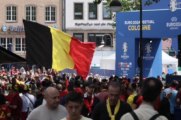 Picture of Belgian supporters around the fan village, ahead of a soccer game between Belgian national soccer team Red Devils and Romania, Saturday 22 June 2024 in Cologne, Germany, the second match in the group stage of the UEFA EURO, EM, Europameisterschaft,Fussball 2024 European championships. BRUNOxFAHY  x95057352x