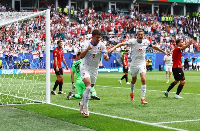 Adam Hlozek of Czech Republic celebrates scoring a goal which is later ruled out on VAR due to a hand ball Georgia v Czechia, UEFA European Championship, EM, Europameisterschaft 2024, Group F, Football, Volksparkstadion, Hamburg, Germany, 22 Jun 2024 EDITORIAL USE ONLY No use with unauthorised audio, video, data, fixture lists, club league logos or live services. Online in-match use limited to 120 images, no video emulation. No use in betting, games or single club league player publications. Copyright: xKieranxMcManus Shutterstockx 14548025v