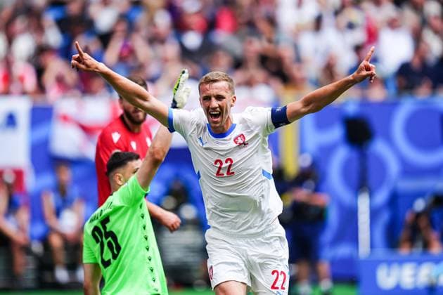 Goal celebration Tomas Soucek Czech Republic, 22 after goal to 0 1 Adam Hlozek Czech Republic, 09 , for handball after VAR decision, video referee, video evidence BUT CANCELLED GER, Georgia vs Czech Republic, European Football Championship, UEFA Euro 2024, Matchday 2, 22 06 2024 GER, Georgia vs Czech Republic, European Football Championship, UEFA Euro 2024, Matchday 2, 22 06 2024 Hamburg Copyright: xEibner-Pressefoto MarcelxvonxFehrnx EP_MFN