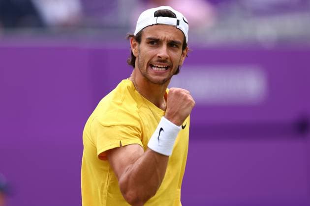 22nd June 2024; Cinch Championships, Queens Club, West Kensington, London, England: Cinch Championships Queens Club, Day 6; Lorenzo Musetti (ITA) celebrates winning a point during his mens semifinal match against Jordan Thompson (AUS)  ActionPlus12658408 ShaunxBrooks