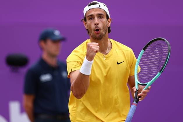 22nd June 2024; Cinch Championships, Queens Club, West Kensington, London, England: Cinch Championships Queens Club, Day 6; Lorenzo Musetti (ITA) celebrates winning a point during his mens semifinal match against Jordan Thompson (AUS)  ActionPlus12658410 ShaunxBrooks