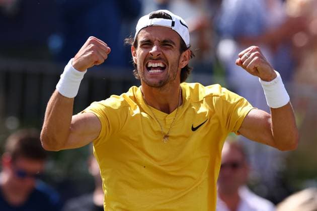 22nd June 2024; Cinch Championships, Queens Club, West Kensington, London, England: Cinch Championships Queens Club, Day 6; Lorenzo Musetti (ITA) celebrates after he wins the mens semifinal match against Jordan Thompson (AUS)  ActionPlus12658512 ShaunxBrooks