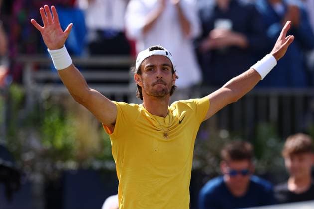 22nd June 2024; Cinch Championships, Queens Club, West Kensington, London, England: Cinch Championships Queens Club, Day 6; Lorenzo Musetti (ITA) celebrates after he wins the mens semifinal match against Jordan Thompson (AUS)  ActionPlus12658514 ShaunxBrooks
