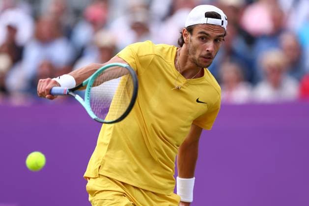 22nd June 2024; Cinch Championships, Queens Club, West Kensington, London, England: Cinch Championships Queens Club, Day 6; Lorenzo Musetti (ITA) in action during the mens semifinal match against Jordan Thompson (AUS)  ActionPlus12658521 ShaunxBrooks