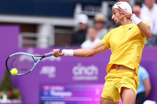 22nd June 2024; Cinch Championships, Queens Club, West Kensington, London, England: Cinch Championships Queens Club, Day 6; Lorenzo Musetti (ITA) in action during the mens semifinal match against Jordan Thompson (AUS)  ActionPlus12658530 ShaunxBrooks