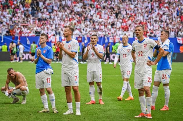 Czech players (L-R) Vladimir Coufal, David Doudera, Antonin Barak, Tomas Holes, Vaclav Cerny, Tomas Soucek and Tomas Vlcek are seen after the Group F match of the European Football Championship: Georgia vs Czechia, in Hamburg, Germany, on June 22, 2024. (CTKxPhoto VitxSimanek) CTKPhotoP2024062204686  CTKPhotoP2024062204686