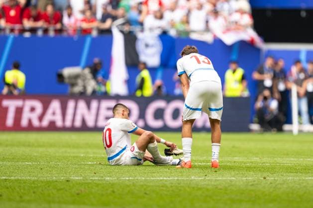 Georgia v Czechia, UEFA EURO, EM, Europameisterschaft,Fussball 2024, Hamburg, Germany Hamburg, Germany. 22nd, June 2024. Ondrej Lingr (20) and Mojmir Chytil (13) of Czechia seen after the UEFA Euro 2024 match in Group B between Georgia and Czechia at Volksparkstadion in Hamburg. Hamburg Germany  Copyright: xGonzalesxPhoto FrederikkexJensenx