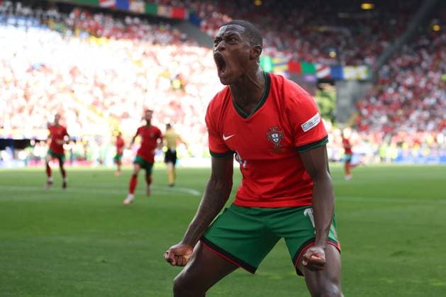 Nuno Mendes of Portugal celebrates Bernardo Silva of Portugal s opening goal Turkiye v Portugal, UEFA European Championship, EM, Europameisterschaft 2024, Group F, Football, BVB Stadion, Dortmund, Germany, 22 Jun 2024 EDITORIAL USE ONLY No use with unauthorised audio, video, data, fixture lists, club league logos or live services. Online in-match use limited to 120 images, no video emulation. No use in betting, games or single club league player publications.  Copyright: xPaulxCurrie Shutterstockx 14548034ci