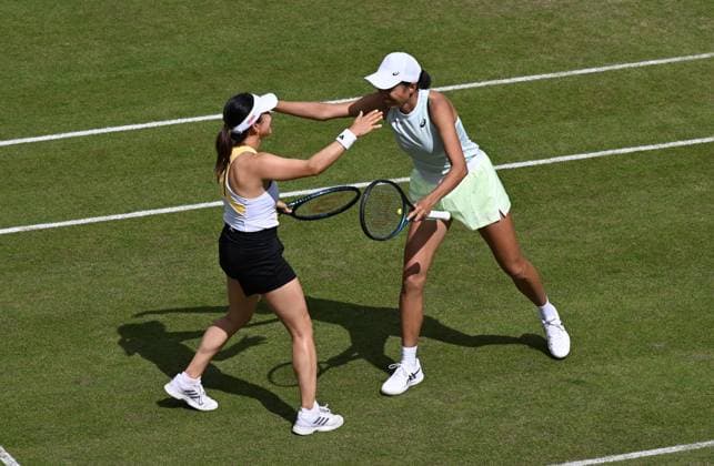 Shuai Zhang of China and Miyu Kato of Japan celebrate their doubles semi final victory Rothesay Classic Birmingham, Day 6, Tennis, Edgbaston Priory Club, Birmingham, UK - 22 June 2024  Copyright: xAnnaxGowthorpe Shutterstockx 14543330bo