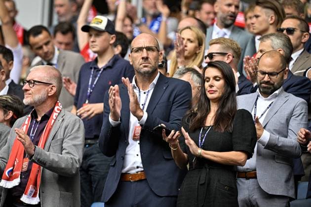 Former Czech soccer player Jan Koller (center), watches the Group F match of the European Football Championship: Georgia vs Czechia, in Hamburg, Germany, on June 22, 2024. (CTKxPhoto VitxSimanek) CTKPhotoP2024062204934  CTKPhotoP2024062204934