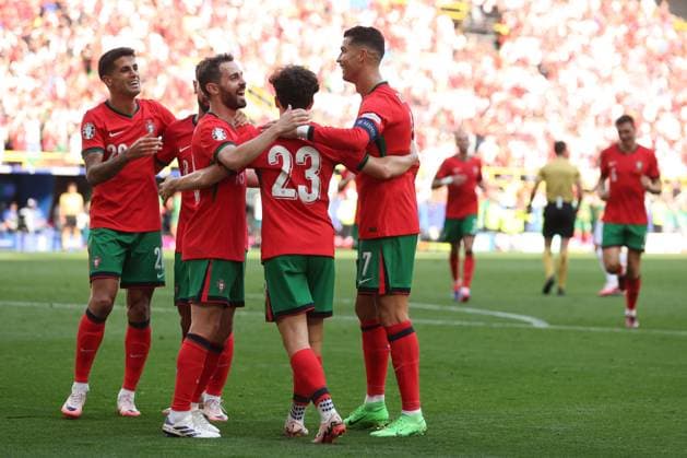 Vitinha of Portugal and team mates celebrate Samet Akaydin of Turkey s own goal Turkiye v Portugal, UEFA European Championship, EM, Europameisterschaft 2024, Group F, Football, BVB Stadion, Dortmund, Germany, 22 Jun 2024 EDITORIAL USE ONLY No use with unauthorised audio, video, data, fixture lists, club league logos or live services. Online in-match use limited to 120 images, no video emulation. No use in betting, games or single club league player publications.  Copyright: xPaulxCurrie Shutterstockx 14548034cp