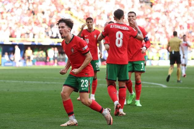 Vitinha of Portugal and team mates celebrate Samet Akaydin of Turkey s own goal Turkiye v Portugal, UEFA European Championship, EM, Europameisterschaft 2024, Group F, Football, BVB Stadion, Dortmund, Germany, 22 Jun 2024 EDITORIAL USE ONLY No use with unauthorised audio, video, data, fixture lists, club league logos or live services. Online in-match use limited to 120 images, no video emulation. No use in betting, games or single club league player publications.  Copyright: xPaulxCurrie Shutterstockx 14548034cm