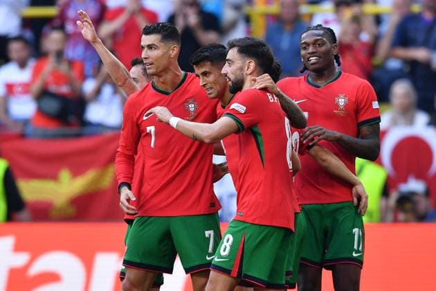 Soccer UEFA EURO 2024 Group Stage 2 Matchday Turkey Portugal on 22 06 2024 at BVB Stadion Dortmund in Dortmund Goal celebration Goal to 0 2 by own goal Samet Akaydin Turkey Cristiano Ronaldo Portugal , Bernardo Silva Portugal , Bruno Fernandes Portugal , Rafael Leao Portugal , Joao Cancelo Portugal xRx