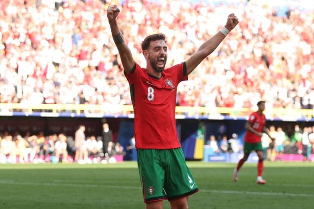 Bruno Fernandes of Portugal celebrates Samet Akaydin of Turkey s own goal Turkiye v Portugal, UEFA European Championship, EM, Europameisterschaft 2024, Group F, Football, BVB Stadion, Dortmund, Germany, 22 Jun 2024 EDITORIAL USE ONLY No use with unauthorised audio, video, data, fixture lists, club league logos or live services. Online in-match use limited to 120 images, no video emulation. No use in betting, games or single club league player publications.  Copyright: xPaulxCurrie Shutterstockx 14548034ct