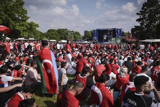 Fans European Championship match Turkey vs Portugal FOR EDITORIAL PURPOSES ONLY p Turkish fans celebrate in the fan zone at Westalenpark in Dortumd, on Saturday, June 22, 2024 during the European Championship match between Turkey and Portugal Germany North Rhine Westphalia Dortmund Copyright SocratesxTassos Copyright: SocratesxTassos doc7vzd4ystdyw1fcvx183i ,EDITORIAL USE ONLY Copyright: SocratesxTassos