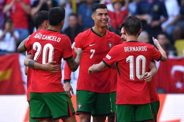 Soccer UEFA EURO 2024 Group Stage 2 Matchday Turkey Portugal on 22 06 2024 at BVB Stadion Dortmund in Dortmund Goal celebration Goal to 0 2 by own goal Samet Akaydin Turkey Cristiano Ronaldo Portugal , Bernardo Silva Portugal , Bruno Fernandes Portugal , Rafael Leao Portugal xRx
