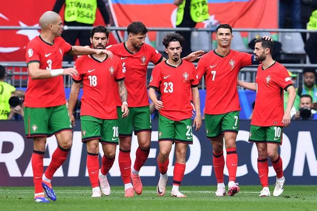 Soccer UEFA EURO 2024 Group Stage 2 Matchday Turkey Portugal on 22 06 2024 at BVB Stadion Dortmund in Dortmund Goal Celebration Goal for 0 3 by Bruno Fernandes Portugal Pepe Portugal , Ruben Neves Portugal , Ruben Dias Portugal , Vitinha Portugal , Cristiano Ronaldo Portugal , Bruno Fernandes Portugal xRx