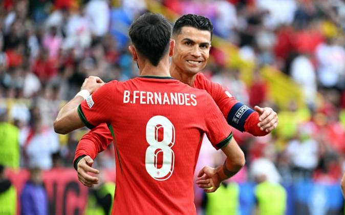 Football, European Championship, EURO 2024, Group F, Signal Iduna Park Dortmund Turkey Portugal Bruno Fernandes POR cheers after his goal for 0 3, together with Cristiano Ronaldo POR cheers, joy, action