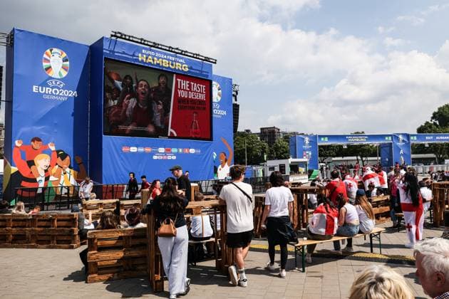 Sports, Football, UEFA EURO 2024 Group F 2 Matchday Georgia Czech Republic 22 06 2024, Fan Zone Heiligengeistfeld Publoic Viewing of the fan zone at Heiligengeistfeld in Hamburg, UEFA EURO 2024 branding with logo can also be seen Hamburg Fanzone Heiligengeistfeld Hamburg Germany