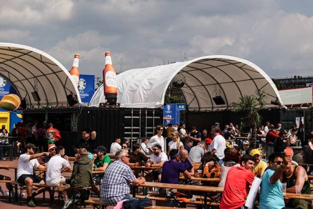 Sport, Football, UEFA EURO 2024 Group F 2 Matchday Georgia Czech Republic 22 06 2024, Fan Zone Heiligengeistfeld Sponsor stand of Bitburger official beer partner of UEFA EURO 2024 Hamburg Fanzone Heiligengeistfeld Hamburg Germany