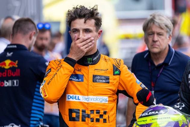 BARCELONA, SPAIN - JUNE 22: Lando Norris (4) of United Kingdom and team McLaren F1 Team celebrates winning pole position after qualifying on Saturday, June 22, 2024 at the Circuit De Catalunya in Barcelona, Spain. (Photo by Bob Kupbens Icon Sportswire) AUTO: JUN 22 F1 Spanish Grand Prix EDITORIAL USE ONLY Icon240622260