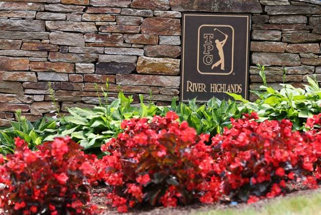 CROMWELL, CT - JUNE 22: General view of the TPC River Highlands signage and PGA, Golf Herren logo during the third round of the 2024 Travelers Championship on June 22, 2024, at TPC River Highlands in Cromwell, CT. (Photo by M. Anthony Nesmith Icon Sportswire) GOLF: JUN 22 PGA Travelers Championship EDITORIAL USE ONLY Icon240622272024