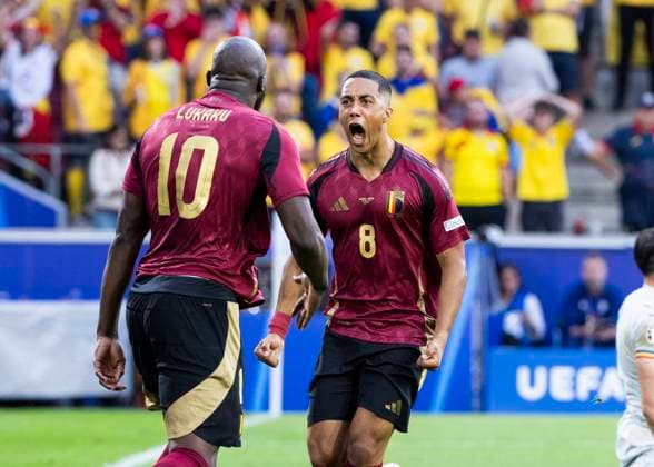 Koeln, RheinEnergieStadion, 22 06 2024 Youri Tielemans of belgium celebrates scoring the 1 0 goal with Romelu Lukaku of belgium during the match UEFA European Championship 2024 Belgium v Romania