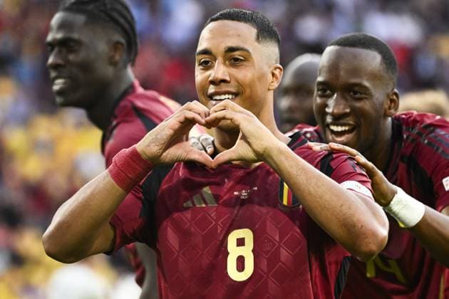 Belgium s Youri Tielemans celebrates after scoring during a soccer game between Belgian national soccer team Red Devils and Romania, Saturday 22 June 2024 in Cologne, Germany, the second match in the group stage of the UEFA EURO, EM, Europameisterschaft,Fussball 2024 European championships. DIRKxWAEM  x95079276x