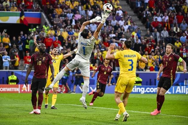 Romania s goalkeeper Florin Nita pictured in action during a soccer game between Belgian national soccer team Red Devils and Romania, Saturday 22 June 2024 in Cologne, Germany, the second match in the group stage of the UEFA EURO, EM, Europameisterschaft,Fussball 2024 European championships. DIRKxWAEM  x95079790x