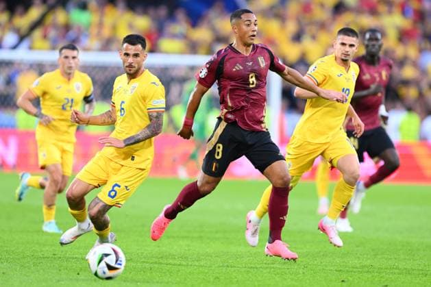 Belgium v Romania Group E - UEFA EURO, EM, Europameisterschaft,Fussball 2024 COLOGNE, GERMANY - JUNE 22 : Tielemans Youri midfielder of Belgium is challenged by Marius Marin midfielder of Romania and Razvan Marin midfielder of Romania during the UEFA EURO 2024 European Football Championship tournament group E stage match between Belgium and Romania at Cologne Stadium on June 22, 2024 in Cologne, Germany, 22 06 2024 Cologne Germany  Copyright: xVincentxKalutx