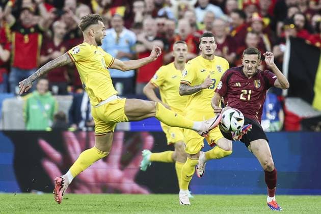 Belgium s Timothy Castagne pictured in action during a soccer game between Belgian national soccer team Red Devils and Romania, Saturday 22 June 2024 in Cologne, Germany, the second match in the group stage of the UEFA EURO, EM, Europameisterschaft,Fussball 2024 European championships. BRUNOxFAHY  x95080684x