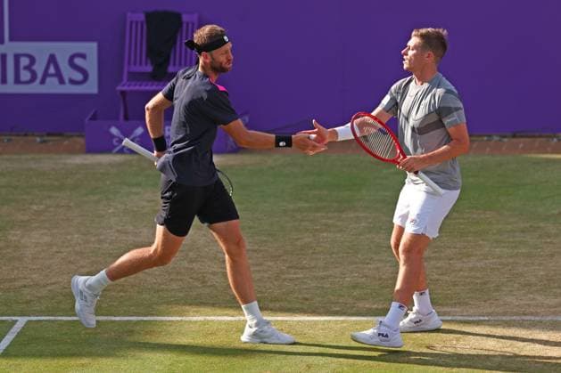 22nd June 2024; Cinch Championships, Queens Club, West Kensington, London, England: Cinch Championships Queens Club, Day 6; Neal Skupski (GBR) and Michael Venus (NZL) celebrate a point during the mens doubles semifinal match against Ivan Dodig (CRO) and Austin Krajicek (USA)  ActionPlus12658844 ShaunxBrooks