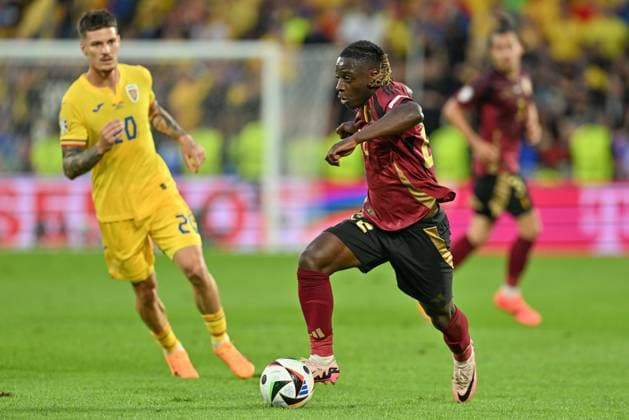 240622 EURO2024 BELGIUM VS ROMANIA Jeremy Doku (22) of Belgium pictured in action during a soccer game between the national teams of Belgium, called the Red Devils and Romania on the second matchday in Group E in the group stage of the UEFA EURO, EM, Europameisterschaft,Fussball 2024 tournament , on Saturday 22 June 2024 in Cologne , Germany . PHOTO SPORTPIX David Catry Cologne GERMANY  Copyright: xx 466954
