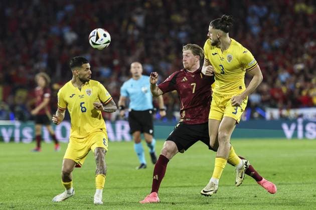 Romania s Marius Marin, Belgium s Kevin De Bruyne and Romania s Radu Dragusin fight for the ball during a soccer game between Belgian national soccer team Red Devils and Romania, Saturday 22 June 2024 in Cologne, Germany, the second match in the group stage of the UEFA EURO, EM, Europameisterschaft,Fussball 2024 European championships. BRUNOxFAHY  x95082840x