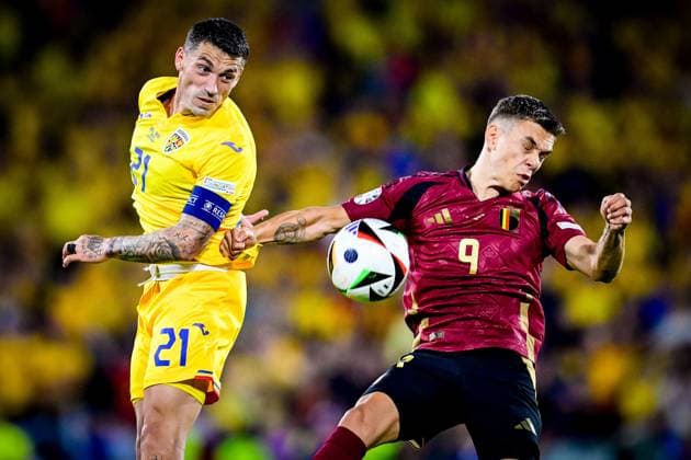 Belgium v Romania Group E - UEFA EURO, EM, Europameisterschaft,Fussball 2024 COLOGNE, GERMANY - JUNE 22 : Nicolae Stanciu midfielder of Romania battles for the ball with Trossard Leandro forward of Belgium during the UEFA EURO 2024 European Football Championship tournament group E stage match between Belgium and Romania at Cologne Stadium on June 22, 2024 in Cologne, Germany, 22 06 2024 Cologne Germany  Copyright: xPeterxDexVoechtx
