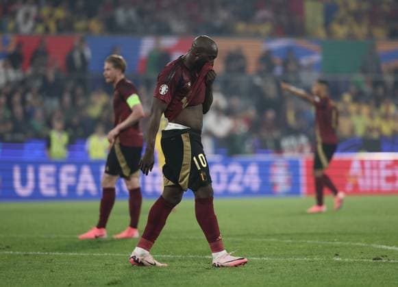 Belgium s Romelu Lukaku look dejected after a goal was not accepted for off-side at a soccer game between Belgian national soccer team Red Devils and Romania, Saturday 22 June 2024 in Cologne, Germany, the second match in the group stage of the UEFA EURO, EM, Europameisterschaft,Fussball 2024 European championships. BRUNOxFAHY  x95084300x