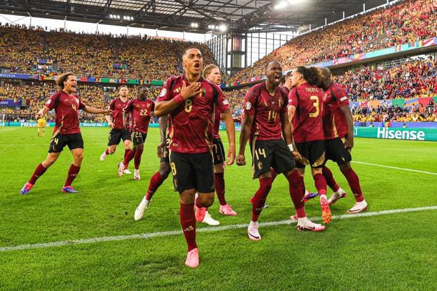 Belgium v Romania Euro 2024 22 06 2024. Group E Goal 1-0 Youri Tielemans of Belgium scores a goal and celebrates during the Euro 2024 match between Belgium and Romania at Cologne Stadium, Cologne, Germany on 22 June 2024. Editorial use only , Copyright: xNigelxKeenex PSI-19822-0025