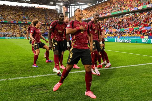 Belgium v Romania Euro 2024 22 06 2024. Group E Goal 1-0 Youri Tielemans of Belgium scores a goal and celebrates during the Euro 2024 match between Belgium and Romania at Cologne Stadium, Cologne, Germany on 22 June 2024. Editorial use only , Copyright: xNigelxKeenex PSI-19822-0027