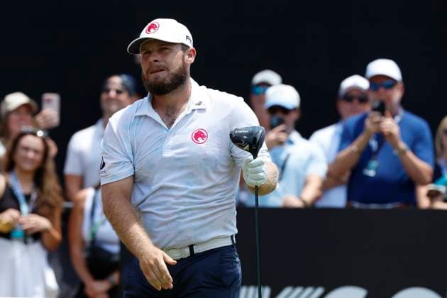 COLLEGE GROVE, TN - JUNE 22: Tyrrell Hatton (ENG) of Legion XIII watches his drive on the No. 1 tee box during the second round of LIV Golf Nashville, June 22, 2024, at The Grove in College Grove, Tennessee. (Photo by Matthew Maxey Icon Sportswire) GOLF: JUN 22 LIV Golf League Nashville EDITORIAL USE ONLY Icon24062207