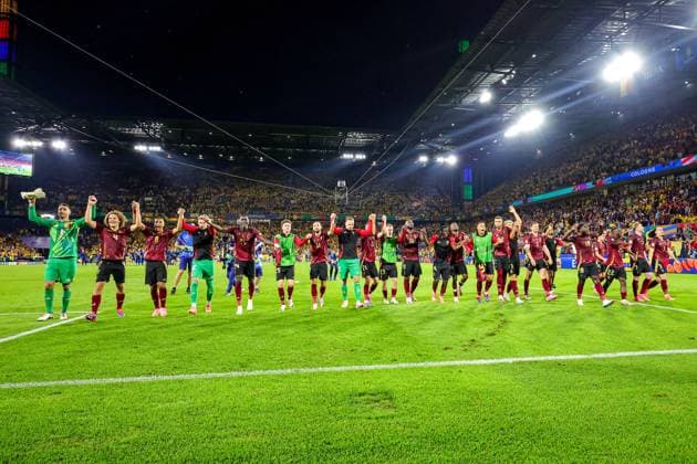 Belgium v Romania Euro 2024 22 06 2024. Group E Belgium players celebrate at full time during the Euro 2024 match between Belgium and Romania at Cologne Stadium, Cologne, Germany on 22 June 2024. Editorial use only , Copyright: xNigelxKeenex PSI-19822-0050