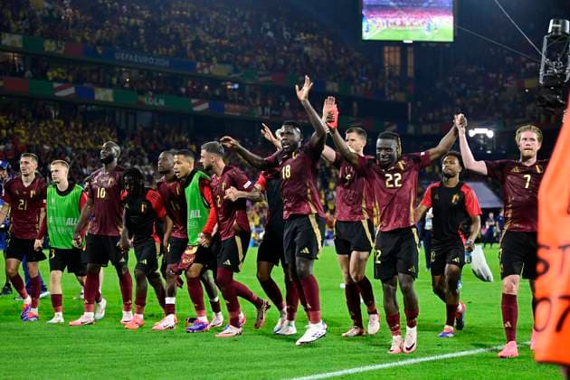 Belgium v Romania Group E - UEFA EURO, EM, Europameisterschaft,Fussball 2024 COLOGNE, GERMANY - JUNE 22 : The team of Belgium celebrates after winning the UEFA EURO 2024 European Football Championship tournament group E stage match between Belgium and Romania at Cologne Stadium on June 22, 2024 in Cologne, Germany, 22 06 2024 Cologne Germany  Copyright: xPeterxDexVoechtx