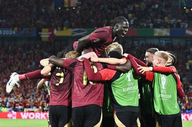240622 EURO2024 BELGIUM VS ROMANIA Amadou Onana (24) of Belgium celebrates during a soccer game between the national teams of Belgium, called the Red Devils and Romania on the second matchday in Group E in the group stage of the UEFA EURO, EM, Europameisterschaft,Fussball 2024 tournament , on Saturday 22 June 2024 in Cologne , Germany . PHOTO Isosport Maarten Straetemans Cologne GERMANY  Copyright: xx 467153