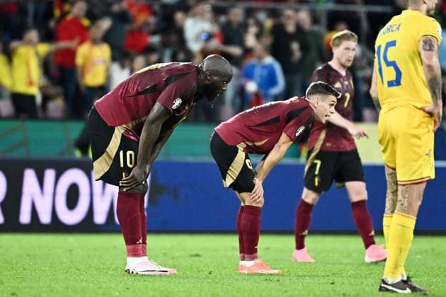 240622 EURO2024 BELGIUM VS ROMANIA Romelu Lukaku (10) of Belgium and Leandro Trossard (9) of Belgium pictured after a soccer game between the national teams of Belgium, called the Red Devils and Romania on the second matchday in Group E in the group stage of the UEFA EURO, EM, Europameisterschaft,Fussball 2024 tournament , on Saturday 22 June 2024 in Cologne , Germany . PHOTO Isosport Maarten Straetemans Cologne GERMANY  Copyright: xx 467161