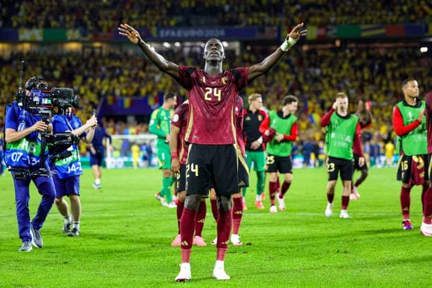 Belgium v Romania Euro 2024 22 06 2024. Group E Amadou Onana of Belgium celebrates at full time during the Euro 2024 match between Belgium and Romania at Cologne Stadium, Cologne, Germany on 22 June 2024. Editorial use only , Copyright: xNigelxKeenex PSI-19822-0055