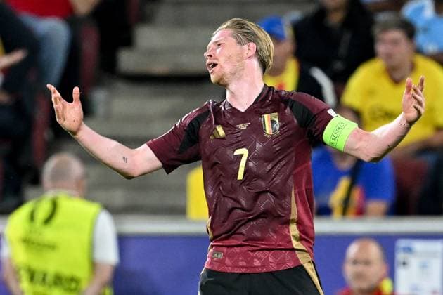 240622 EURO2024 BELGIUM VS ROMANIA Kevin De Bruyne (7) of Belgium reacts during a soccer game between the national teams of Belgium, called the Red Devils and Romania on the second matchday in Group E in the group stage of the UEFA EURO, EM, Europameisterschaft,Fussball 2024 tournament , on Saturday 22 June 2024 in Cologne , Germany . PHOTO SPORTPIX David Catry Cologne GERMANY  Copyright: xx 467186
